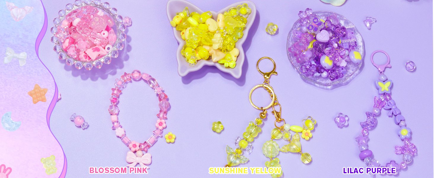 Blossom Pink, Sunshine Yellow, Lilac Purple