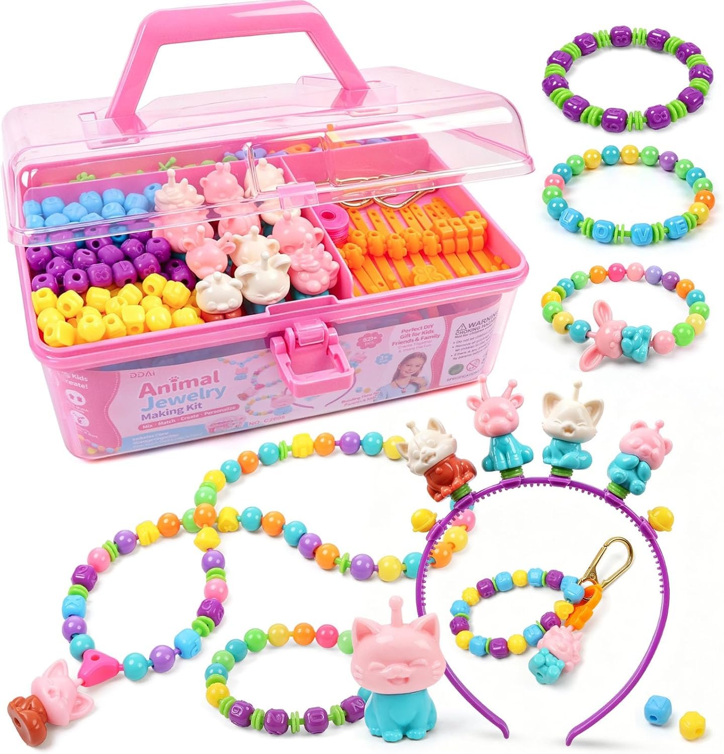 DDAI Animal Jewelry Making Kit for Kids, Snap & String Pop Beads with Letters